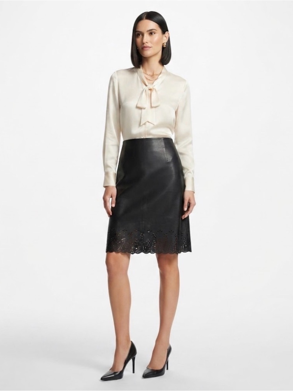 Lord & Taylor Black 100% Leather Scalloped Laser Cut Floral Midi Skirt Size 10